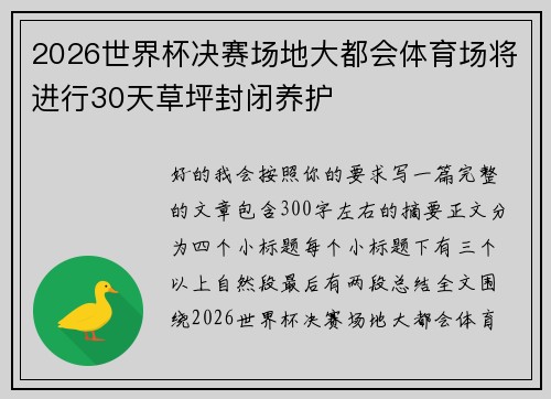 2026世界杯决赛场地大都会体育场将进行30天草坪封闭养护