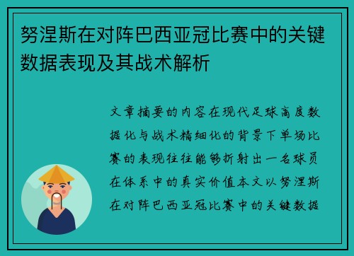 努涅斯在对阵巴西亚冠比赛中的关键数据表现及其战术解析
